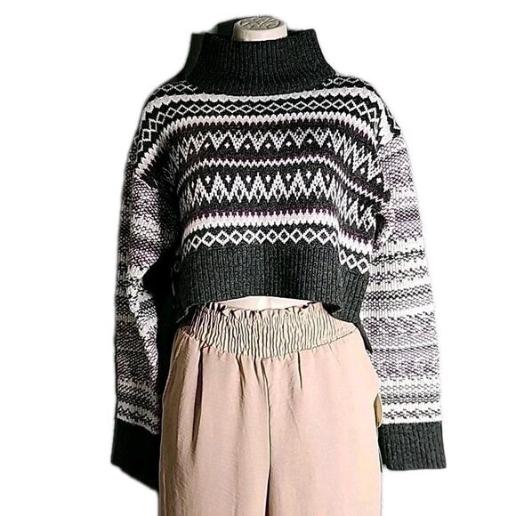 Cleo + Wolf Fair Isle Sweater Womens Small Cropped Gray Purple White Wool Blend - Picture 1 of 11